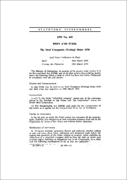 The Steel Companies (Vesting) Order 1970