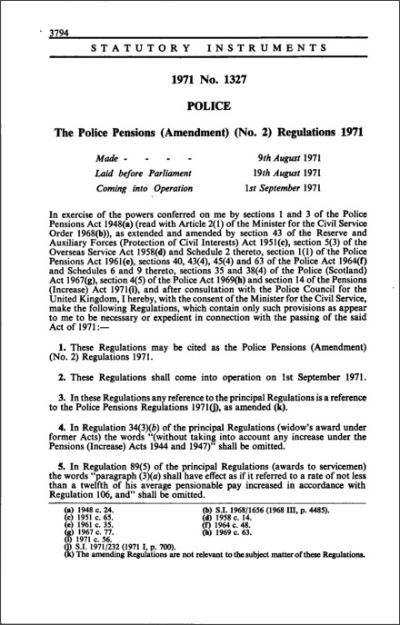 The Police Pensions (Amendment) (No. 2) Regulations 1971