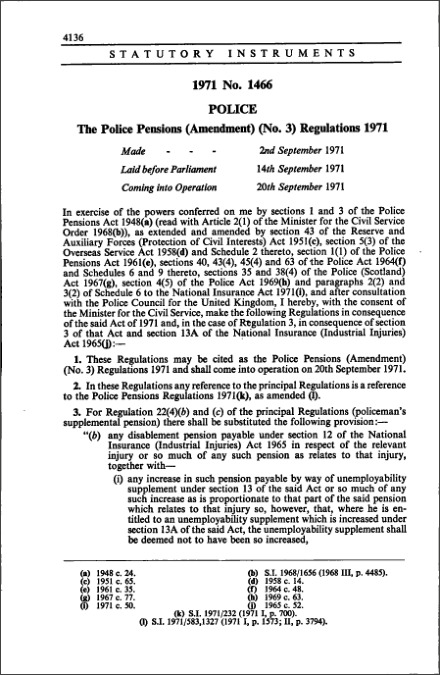 The Police Pensions (Amendment) (No. 3) Regulations 1971