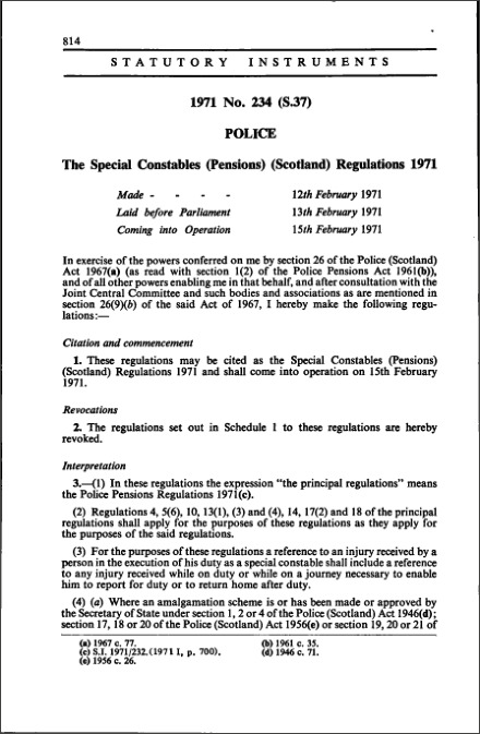 The Special Constables (Pensions) (Scotland) Regulations 1971