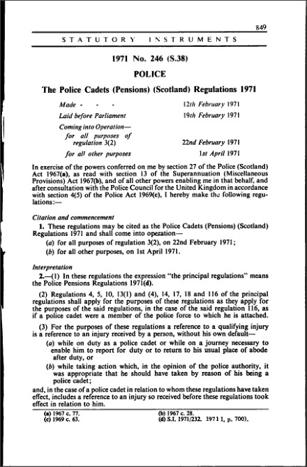 The Police Cadets (Pensions) (Scotland) Regulations 1971