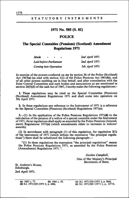 The Special Constables (Pensions) (Scotland) Amendment Regulations 1971