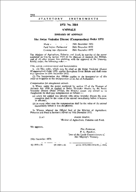 The Swine Vesicular Disease (Compensation) Order 1972