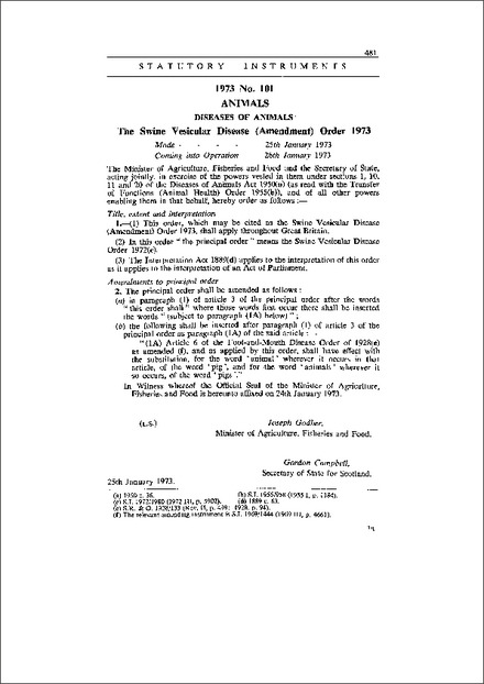 The Swine Vesicular Disease (Amendment) Order 1973