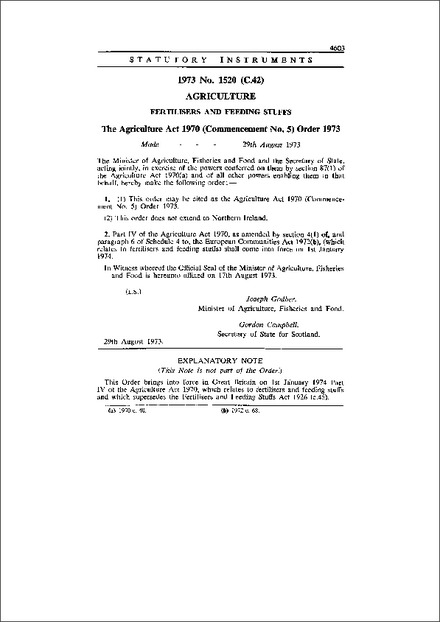 The Agriculture Act 1970 (Commencement No. 5) Order 1973