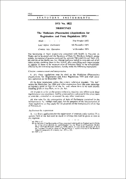The Medicines (Pharmacies) (Applications for Registration and Fees) Regulations 1973