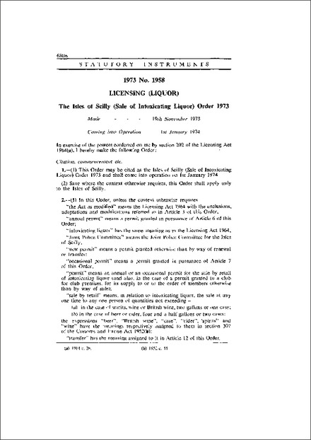 The Isles of Scilly (Sale of Intoxicating Liquor) Order 1973
