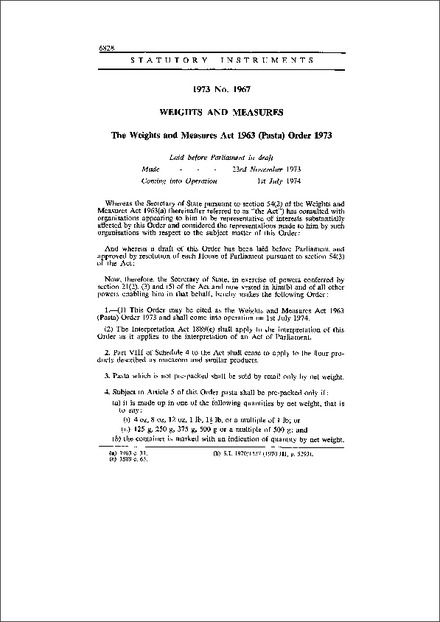 The Weights and Measures Act 1963 (Pasta) Order 1973