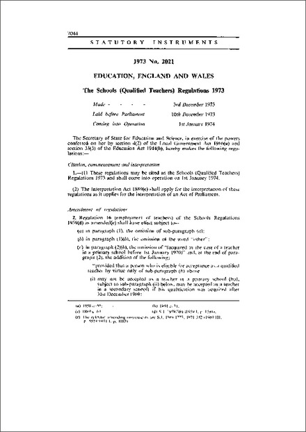 The Schools (Qualified Teachers) Regulations 1973