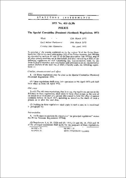 The Special Constables (Pensions) (Scotland) Regulations 1973
