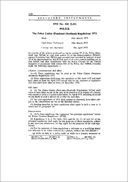 The Police Cadets (Pensions) (Scotland) Regulations 1973