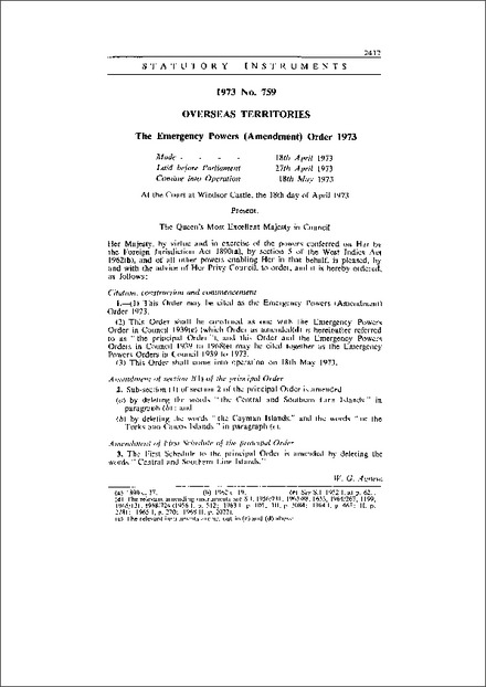 The Emergency Powers (Amendment) Order 1973