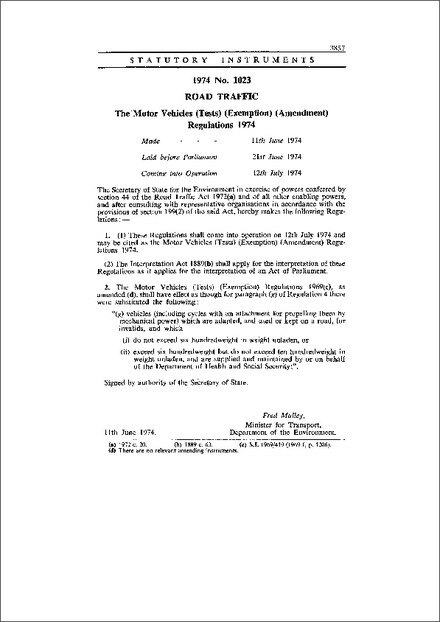 The Motor Vehicles (Tests) (Exemption) (Amendment) Regulations 1974