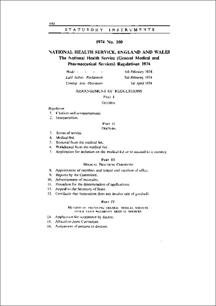 The National Health Service (General Medical and Pharmaceutical Services) Regulations 1974