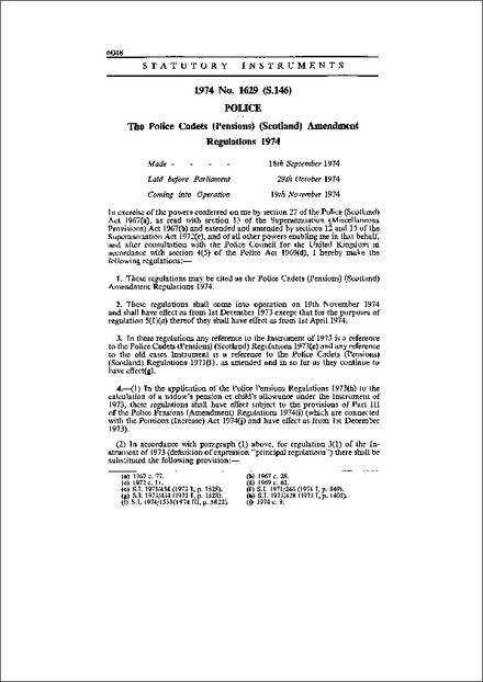 The Police Cadets (Pensions) (Scotland) Amendment Regulations 1974