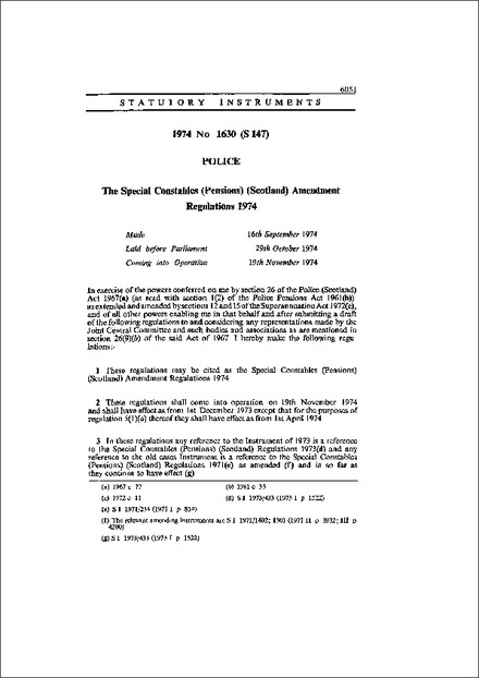 The Special Constables (Pensions) (Scotland) Amendment Regulations 1974