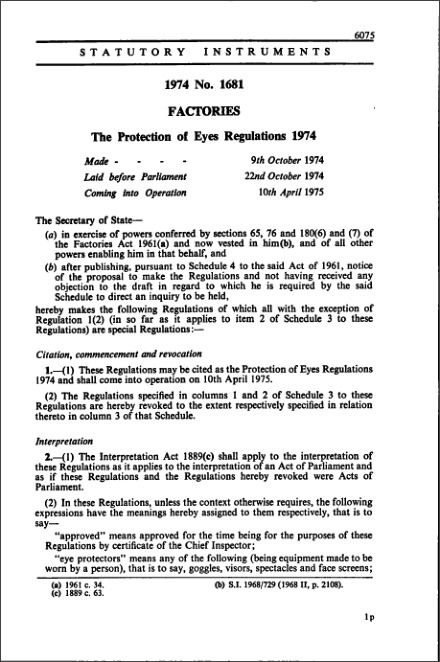 The Protection of Eyes Regulations 1974