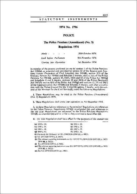 The Police Pensions (Amendment) (No. 3) Regulations 1974