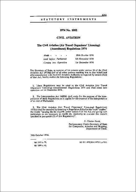 The Civil Aviation (Air Travel Organisers' Licensing) (Amendment) Regulations 1974