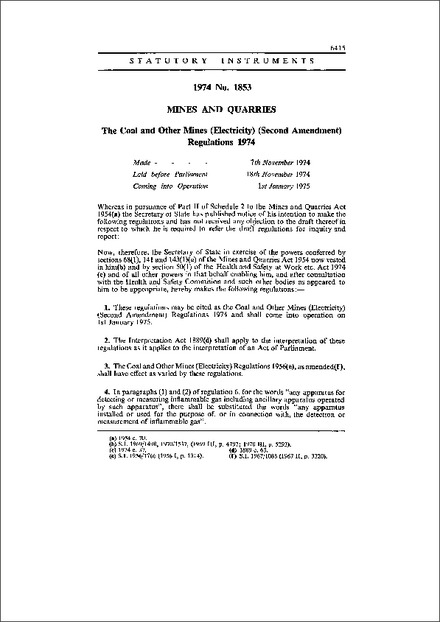 The Coal and Other Mines (Electricity) (Second Amendment) Regulations 1974