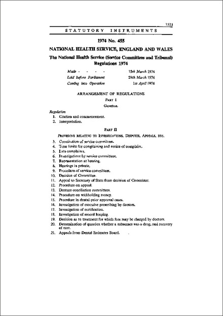 The National Health Service (Service Committees and Tribunal) Regulations 1974
