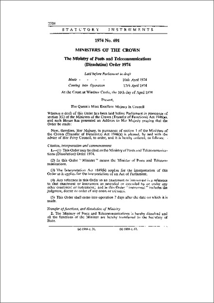 The Ministry of Posts and Telecommunications (Dissolution) Order 1974