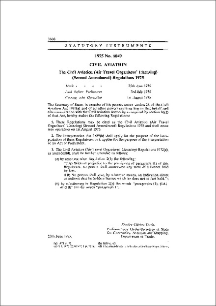 The Civil Aviation (Air Travel Organisers' Licensing) (Second Amendment) Regulations 1975