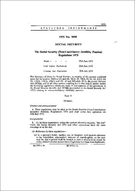 The Social Security (Non-Contributory Invalidity Pension) Regulations 1975