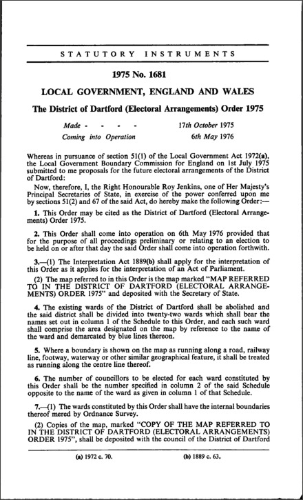 The District of Dartford (Electoral Arrangements) Order 1975
