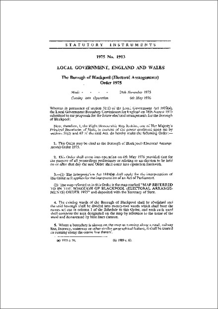 The Borough of Blackpool (Electoral Arrangements) Order 1975