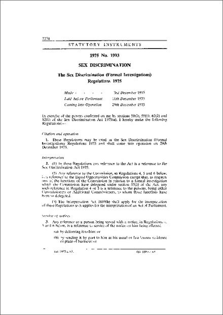 The Sex Discrimination (Formal Investigations) Regulations 1975