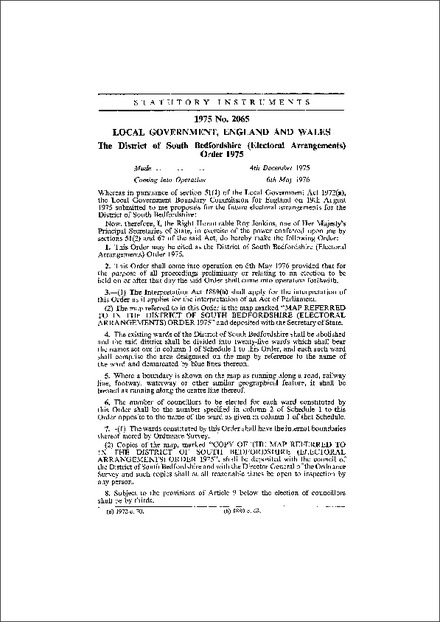 The District of South Bedfordshire (Electoral Arrangements) Order 1975