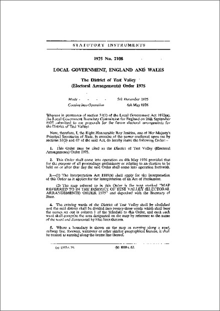 The District of Test Valley (Electoral Arrangements) Order 1975