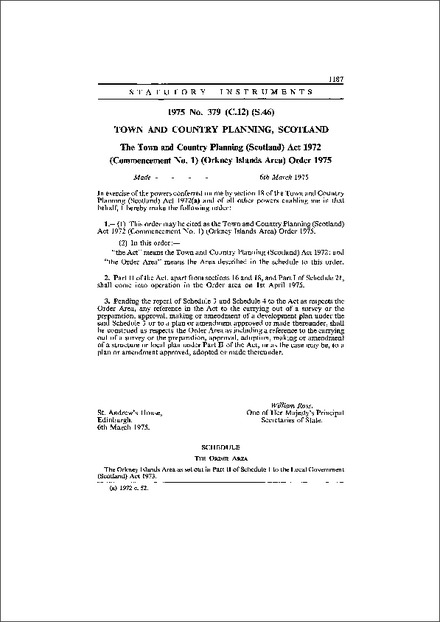The Town and Country Planning (Scotland) Act 1972 (Commencement No. 1) (Orkney Islands Area) Order 1975