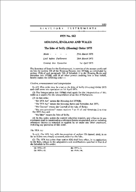 The Isles of Scilly (Housing) Order 1975