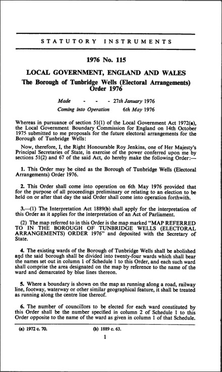 The Borough of Tunbridge Wells (Electoral Arrangements) Order 1976