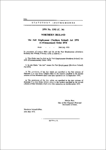 The Fair Employment (Northern Ireland) Act 1976 (Commencement) Order 1976
