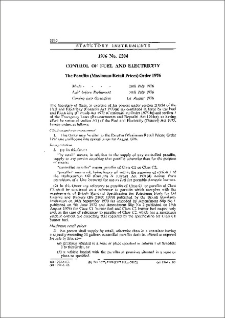The Paraffin (Maximum Retail Prices) Order 1976