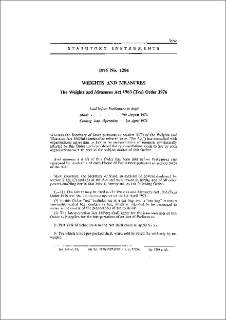 The Weights and Measures Act 1963 (Tea) Order 1976