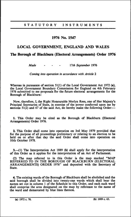The Borough of Blackburn (Electoral Arrangements) Order 1976