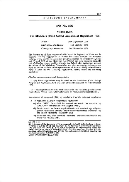 The Medicines (Child Safety) Amendment Regulations 1976