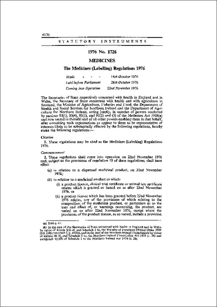 The Medicines (Labelling) Regulations 1976