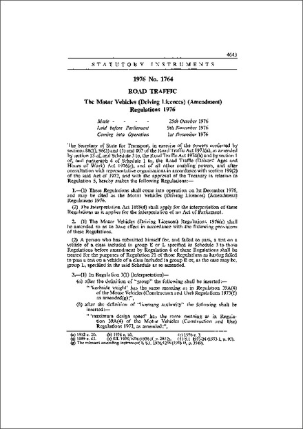 The Motor Vehicles (Driving Licences) (Amendment) Regulations 1976