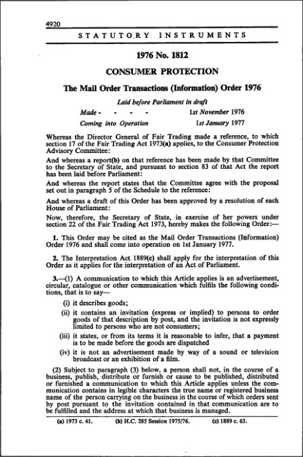 The Mail Order Transactions (Information) Order 1976
