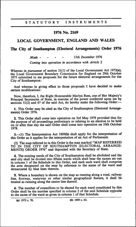 The City of Southampton (Electoral Arrangements) Order 1976