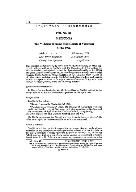 The Medicines (Feeding Stuffs Limits of Variation) Order 1976