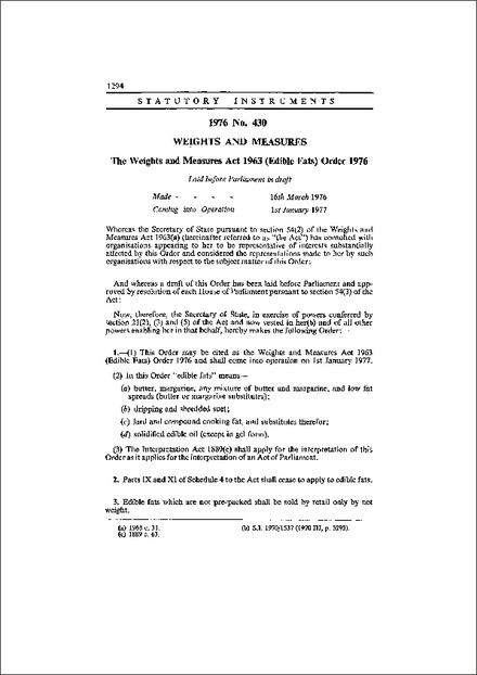 The Weights and Measures Act 1963 (Edible Fats) Order 1976