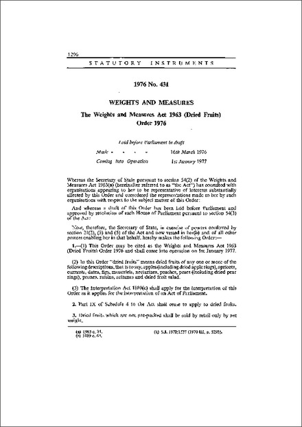 The Weights and Measures Act 1963 (Dried Fruits) Order 1976
