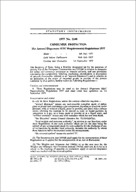 The Aerosol Dispensers (EEC Requirements) Regulations 1977