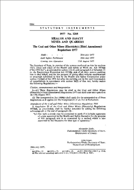 The Coal and Other Mines (Electricity) (Third Amendment) Regulations 1977